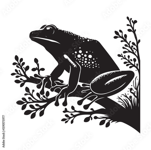 Frog silhouette jumping, climbing a plan, line art vector.
