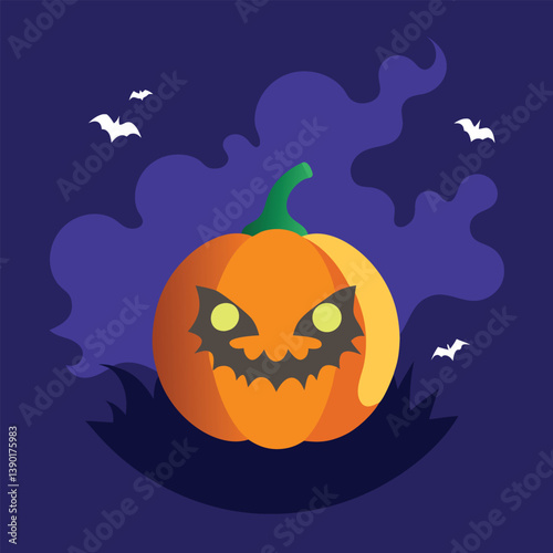 Eerie Halloween Pumpkin Illustration with Bats and a Starry Night Backdrop