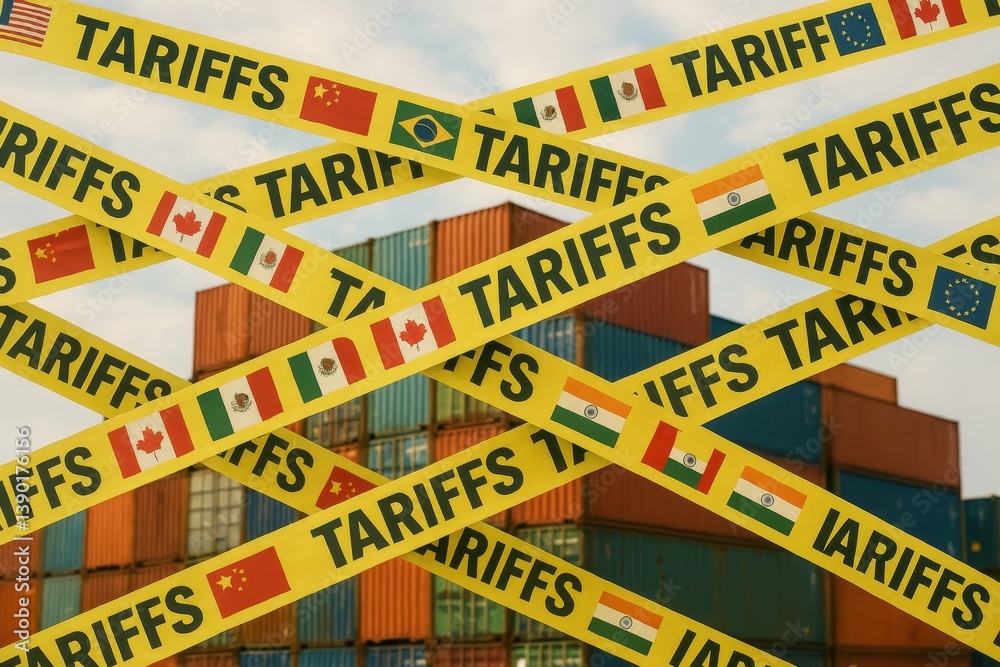 Yellow Tariff Banners Across Colorful Shipping Containers Background