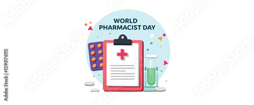 colorful celebrating world pharmacist day with medical supplies and notes