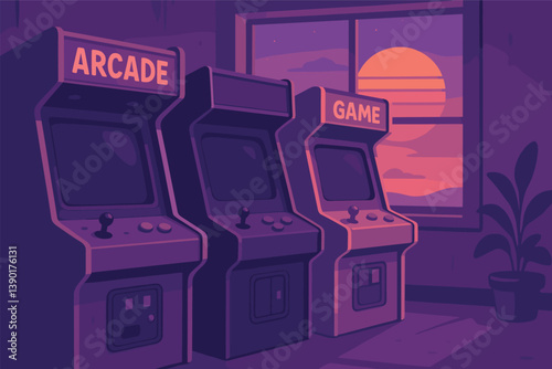 Retro arcade room at sunset with classic gaming machines and scenic view