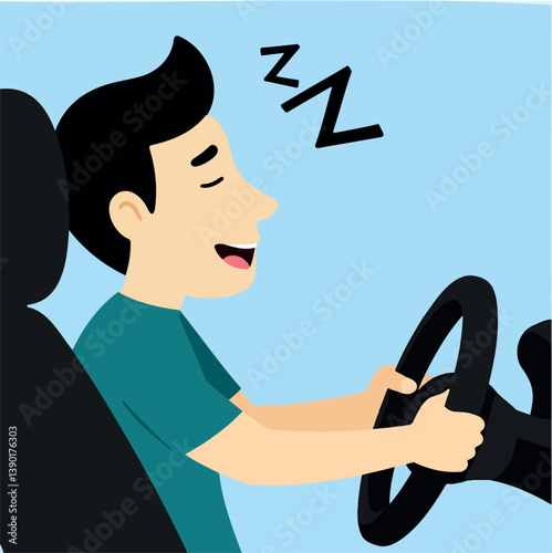 man in teal shirt is sleeping while driving a car
