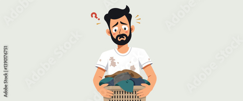 bearded man looks doubtful while holding a laundry basket full of dirty clothes