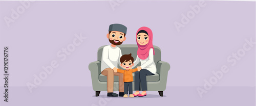 smiling muslim family sitting together on a sofa