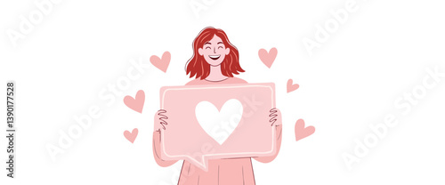 smiling woman holding a heart-shaped speech bubble