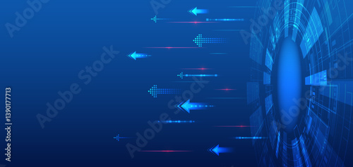 Digital internet communication on blue background. Wide Cyber security internet and networking concept. Hi-tech vector illustration with various technology elements. Abstract global sci fi concept.