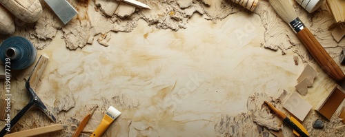 Woodworking tools and materials scattered on a work surface