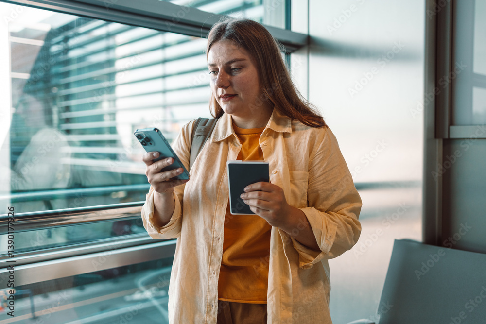 A young woman at the airport terminal holding her travel passport and looking at her smartphone, preparing for her flight. The modern airport interior is visible through the window behind her.