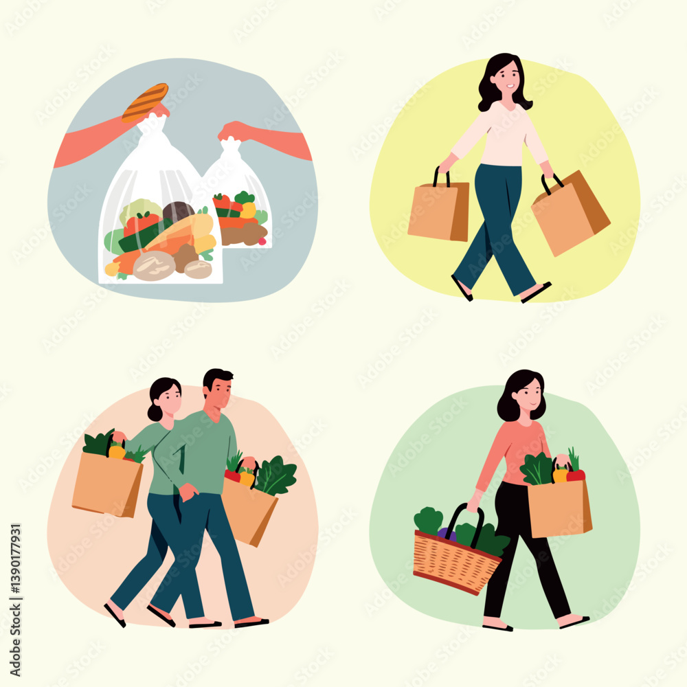 four diverse people carrying bags of fresh groceries