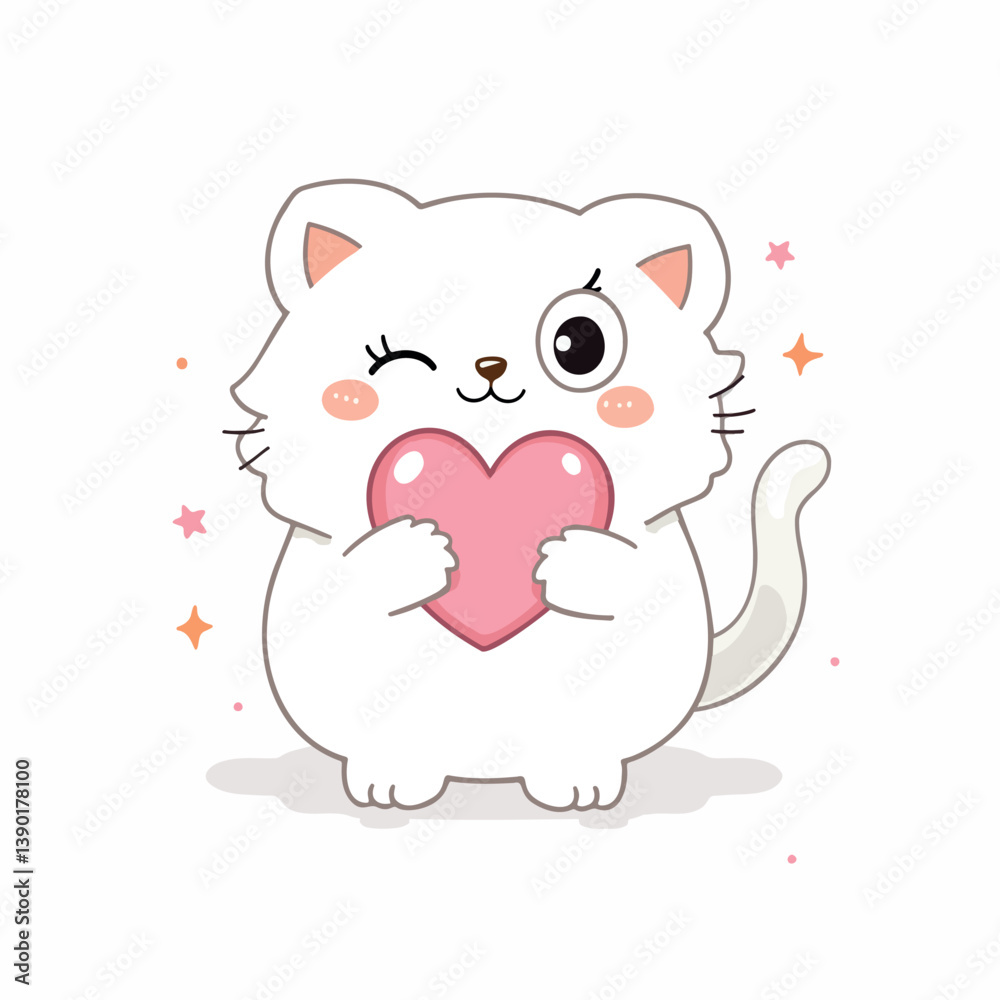 Fototapeta premium adorable white cat holding a pink heart