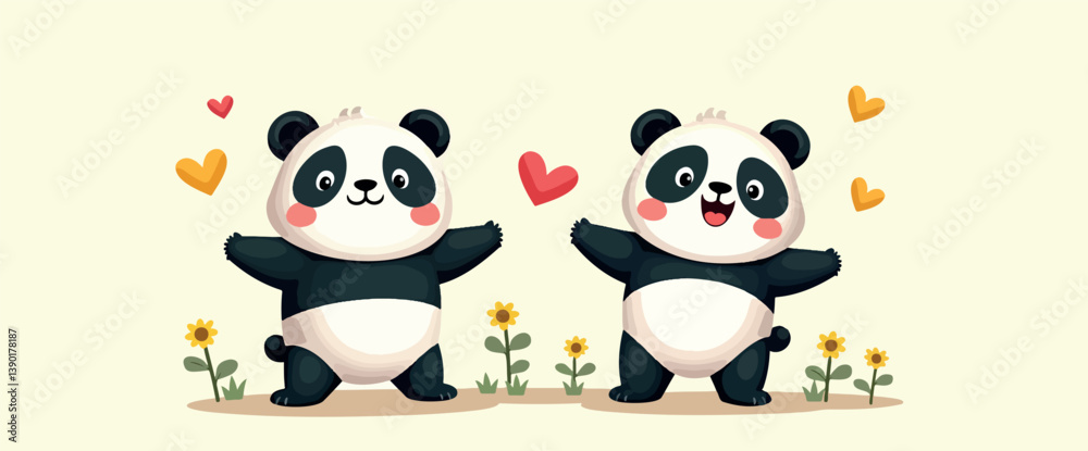 Obraz premium two adorable panda bears joyfully embrace amidst sunflowers and hearts