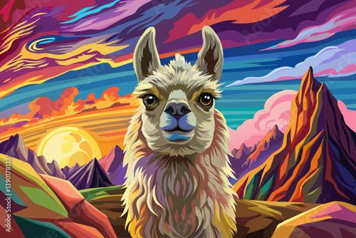 Alpaca portrait on an alien rock formation under a strange colored sky, alpaca banner