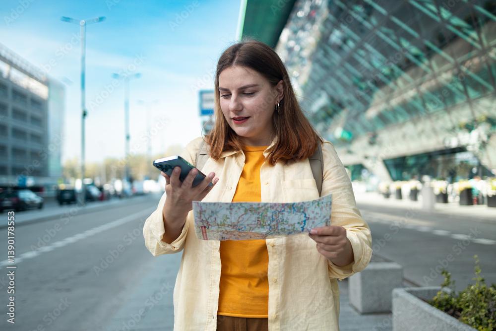 A woman is standing outside the airport, holding a map and looking around thoughtfully. She is trying to navigate, possibly finding directions or exploring the area in the bustling airport