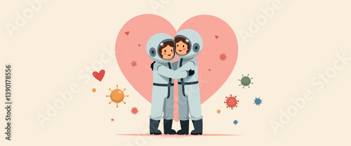 two astronauts in protective suits embrace symbolizing love and resilience during a health crisis