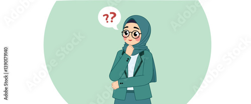 pensive woman in a teal suit and hijab contemplates a question