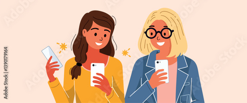 two smiling women using smartphones showcasing cheerful digital interaction
