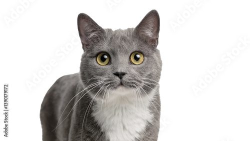 Curious Gray Cat Standing on White Background