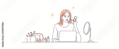 young woman applies makeup while using a laptop creating a serene and focused atmosphere.