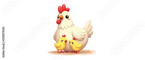 mother hen tenderly protects her two yellow chicks