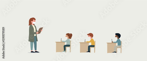 teacher with facemask instructs three distanced students in a classroom