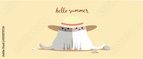 two cats wearing a summer hat