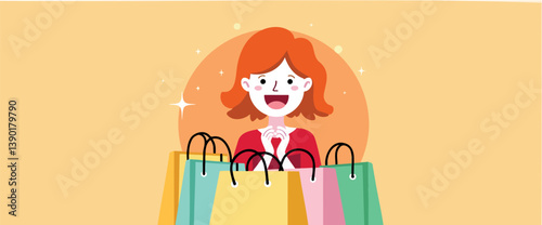 cheerful redhead woman surrounded by colorful shopping bags