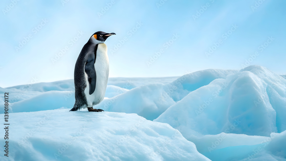 Fototapeta premium solitary penguin stands majestically on glacial terrain, surrounded by icy formations under clear blue sky, evoking sense of tranquility