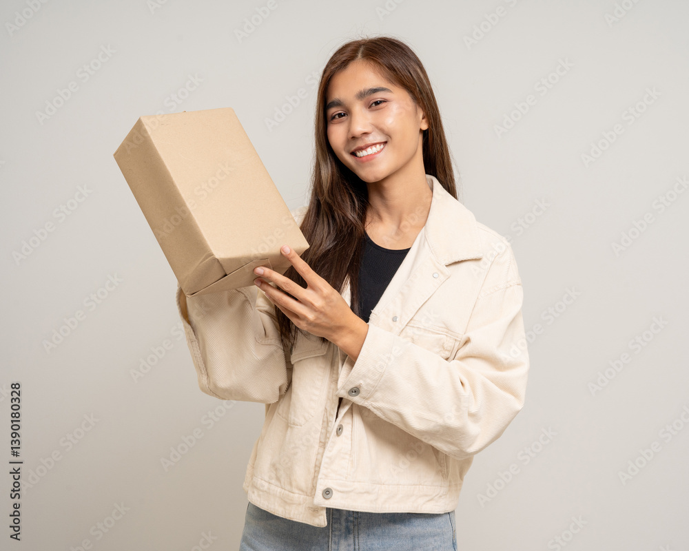 Young excited beautiful asian woman with parcel cardboard standing on isolated background. Cheerful female holding lot of parcel box receive from the delivery service shopping online application Young excited beautiful asian woman with parcel cardboard standing on isolated background. Cheerful female holding lot of parcel box receive from the delivery service shopping online application