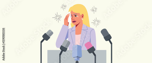 stressed blonde woman wipes her brow during a press conference.
