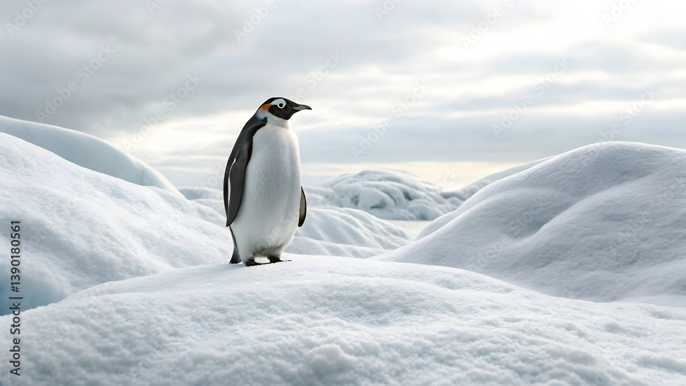 Fototapeta premium realistic penguin stands centered on snowy landscape, surrounded by soft, white hills under cloudy sky, evoking serene atmosphere