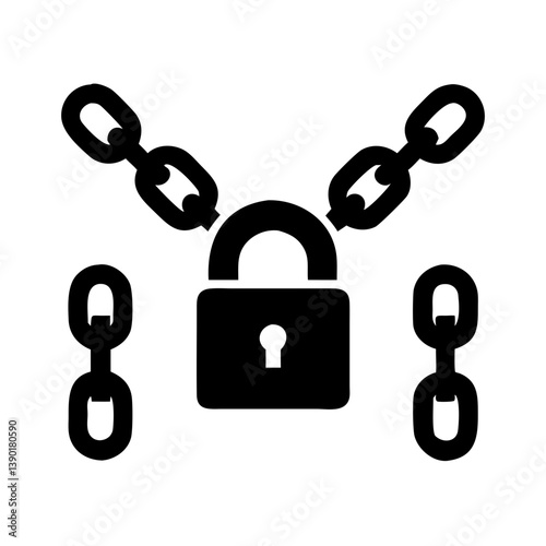 black Padlock and chains vector illustratio.Locked Down: Security Icon with Chains.A simple, vector graphic of a padlock secured by four chains, creating a visual representation of security and restri