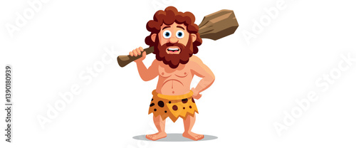 cheerful cartoon caveman with wooden club