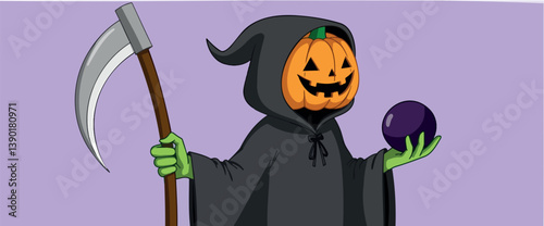 grinning pumpkin wearing a dark robe holds a and a dark orb