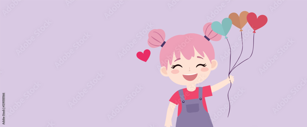 joyful little girl holding heart-shaped balloons joyful little girl holding heart-shaped balloons