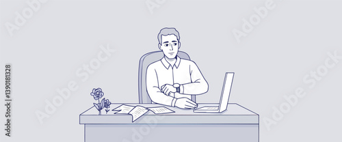 man checks his wristwatch while working at his desk