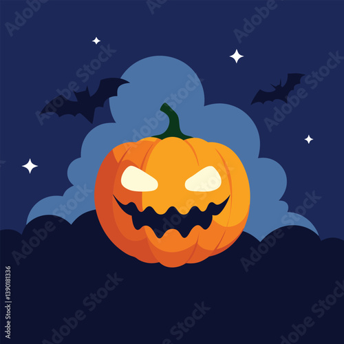 Eerie Halloween Pumpkin Illustration with Bats and a Starry Night Backdrop