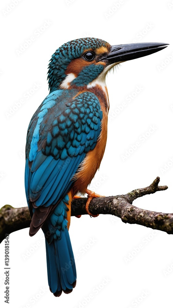 Fototapeta premium Kingfisher Standing Isolated on White Background with Detailed Feather Texture 