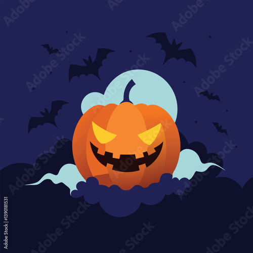 Eerie Halloween Pumpkin Illustration with Bats and a Starry Night Backdrop