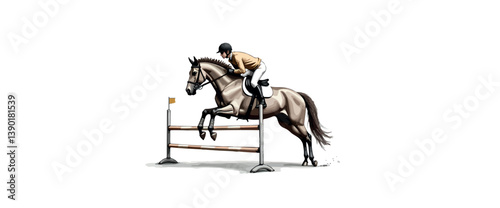 equestrian jumping: rider and horse dynamically clearing a hurdle