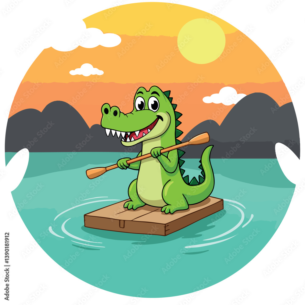 Obraz premium cheerful crocodile rafts on tranquil water towards sunset