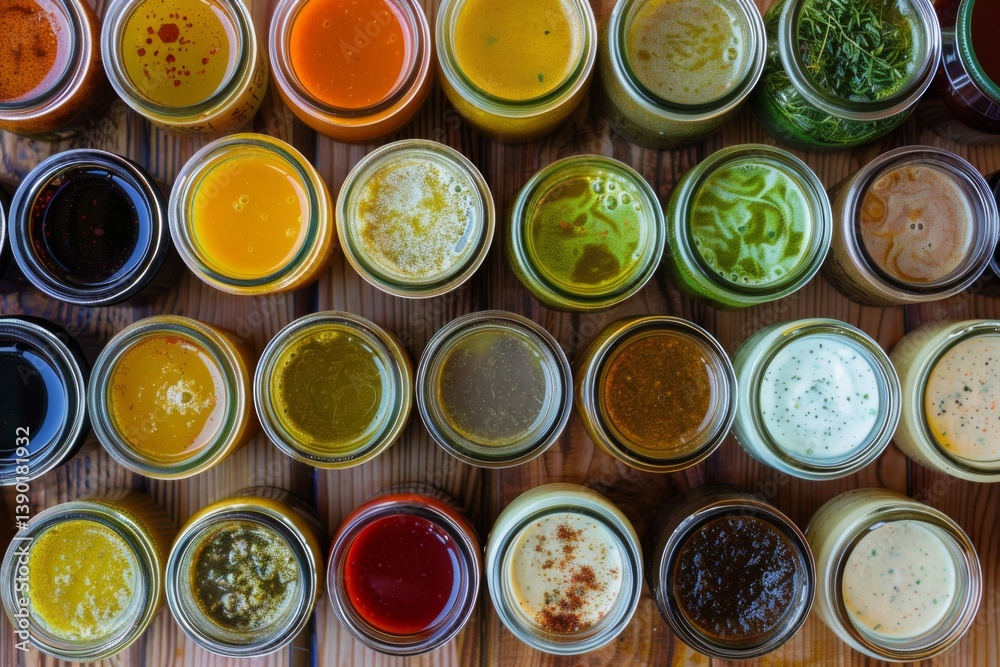Assorted homemade sauces and dressings in mason jars vinaigrette Assorted homemade sauces and dressings in mason jars vinaigrette