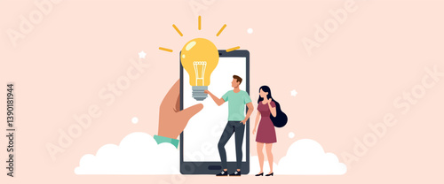 man and woman with a bright idea shown on a smartphone screen.