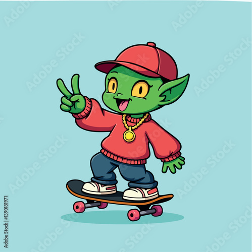 cheerful green goblin skateboarding with peace sign