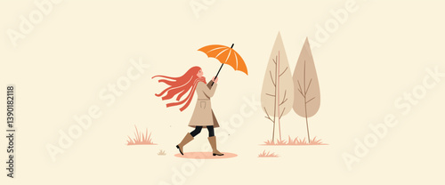 woman with flowing red hair walks briskly holding an umbrella in an autumnal setting.