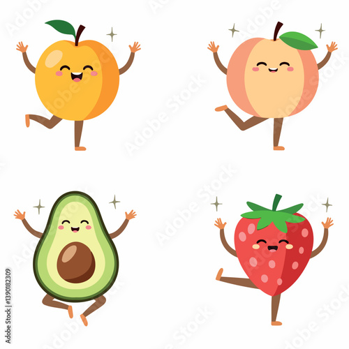 four cheerful cartoon fruits: apricot avocado and strawberry