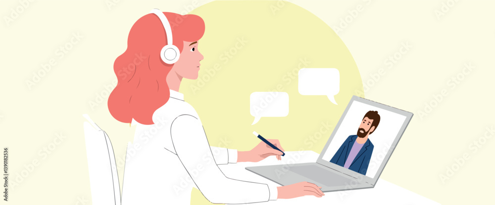 woman in headphones having a conference call on laptop woman in headphones having a conference call on laptop