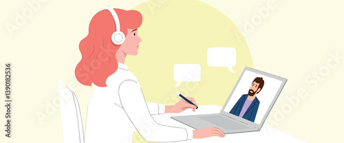 woman in headphones having a conference call on laptop