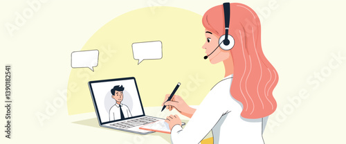 attentive woman in headset conducts online consultation using laptop