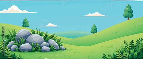 picturesque green landscape with rocks and trees under a bright blue sky