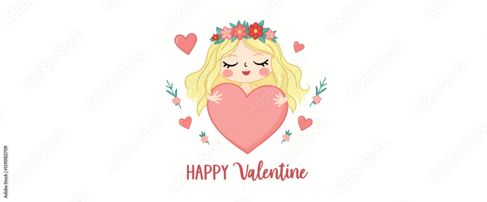 adorable blonde girl with flower crown embracing a pink heart adorable blonde girl with flower crown embracing a pink heart